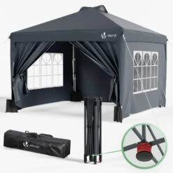 Tonnelle De Jardin 3x3m POP UP Installation Facile Avec Portes Et Fenetres Gris(Tonnelle De Jardin 3x3m Pop Up Installation Facile Avec Portes Et Fenetres Gris 1)