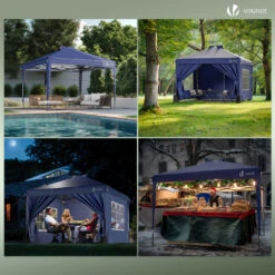 Tonnelle De Jardin 3x3m POP UP Installation Facile Avec Portes Et Fenetres Bleu(Tonnelle De Jardin 3x3m Pop Up Installation Facile Avec Portes Et Fenetres Bleu 1) -Boutique Vounot 04