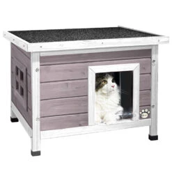 Maison Pour Chat En Bois Avec Toit Bitumé Autoportant Et Porte à Lamelles PVC Gris(Maison Pour Chat En Bois Avec Toit Bitume Autoportant Et Porte A Lamelles Pvc Gris)