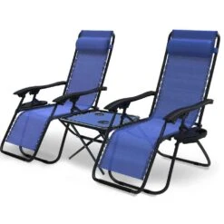 Lot De 2 Chaise Longue Inclinable En Textilene Avec Table D'appoint Porte Gobelet Et Portable Bleu(Lot De 2 Chaise Longue Inclinable En Textilene Avec Table Dappoint Porte Gobelet Et Portable Bleu)