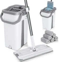 Balai Microfibre Et Seau Essoreur Avec 6 Serpillères Réutilisables Balai Plat Double Compartiment Blanc(Balai Microfibre Et Seau Essoreur Avec 6 Serpilleres Reutilisables Balai Plat Double Compartiment Blanc)