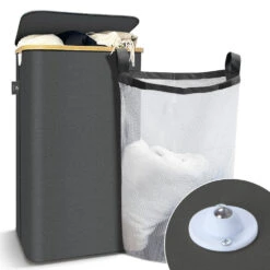 Panier A Linge Pliable 100L Avec Sac Intérieur Cadre Bambou Et Couvercle Gris(Panier A Linge Pliable 100l Avec Sac Interieur Cadre Bambou Et Couvercle Gris)