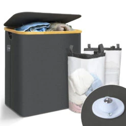 Panier A Linge Pliable 145L Avec Sac Intérieur Cadre Bambou Et Couvercle Gris(Panier A Linge Pliable 145l Avec Sac Interieur Cadre Bambou Et Couvercle Gris)