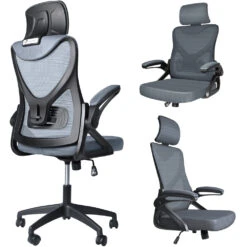 Fauteuil De Bureau Ergonomique Pivotant Avec Appui Tête Et Dossier Toile Respirant Gris(Fauteuil De Bureau Ergonomique Pivotant Avec Appui Tete Et Dossier Toile Respirant Gris)