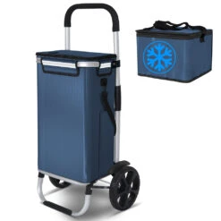 Chariot De Course Pliable Aluminium 2 Roues Avec Sac Isotherme Bleu Marine(Chariot De Course Pliable Aluminium 2 Roues Avec Sac Isotherme Bleu Marine)