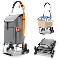 Chariot De Course Pliable Monte Escalier Aluminium Avec Crochets Gris(Chariot De Course Pliable Monte Escalier Aluminium Avec Crochets Gris 2)