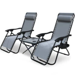 Lot De 2 Chaise Longue Inclinable En Textilene Avec Table D'appoint Porte Gobelet Et Portable Gris(Lot De 2 Chaise Longue Inclinable En Textilene Avec Table D Appoint Porte Gobelet Et Portable Gris)