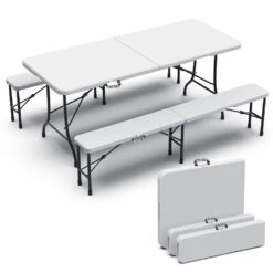 Ensemble De Table Et Bancs Camping Pliables 180cm HDPE Blanc(Ensemble De Table Et Bancs Camping Pliables 180cm Hdpe Blanc)