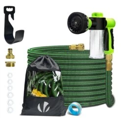 Tuyau D’Arrosage Extensible 15m Avec Récipient Savon Et Accessoires Vert(Tuyau D Arrosage Extensible 15m Avec Recipient Savon Et Accessoires Vert)