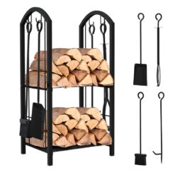 Porte Buches Cheminee Avec 4 Outils En Metal Noir(Porte Buches Cheminee Avec 4 Outils En Metal Noir)