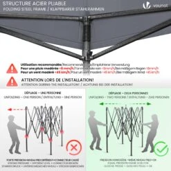 Tonnelle De Jardin Renforcée 3x3m Pliable Avec 4 Parois Et Sac De Transport A Roulette Gris(Tonnelle De Jardin Renforcee 3x3m Pliable Avec 4 Parois Et Sac De Transport A Roulette Gris) -Boutique Vounot 3 WaterproofRatingWarning