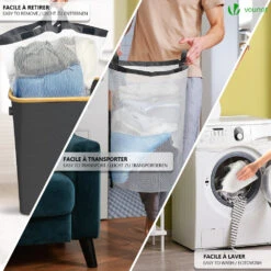 Panier A Linge Pliable 145L Avec Sac Intérieur Cadre Bambou Et Couvercle Gris(Panier A Linge Pliable 145l Avec Sac Interieur Cadre Bambou Et Couvercle Gris) -Boutique Vounot 3 26a4f7de 1c16 49ec 841a 58180852cf0d