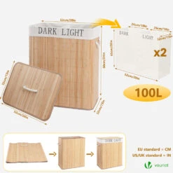 Panier A Linge En Bambou Rectangulaire Double Compartiments Avec Couvercle 100L(Panier A Linge En Bambou Rectangulaire Double Compartiments Avec Couvercle 100l) -Boutique Vounot 3 5c79c6eb bd96 4e91 9a56 fcefc23da2b1