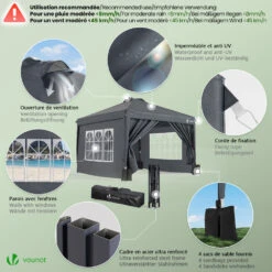 Tonnelle De Jardin 3x3m POP UP Installation Facile Avec Portes Et Fenetres Gris(Tonnelle De Jardin 3x3m Pop Up Installation Facile Avec Portes Et Fenetres Gris 1) -Boutique Vounot 5 WaterproofRatingWarning