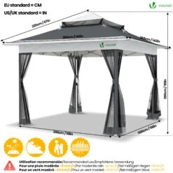 Tonnelle De Jardin Exterieure Pliable Avec Moustiquaire Pop Up 3.6x3.6m Gris(Tonnelle De Jardin Pop Up Avec Moustiquaire Gris) -Boutique Vounot 5 WaterproofRatingWarning 52b4ec38 f684 476c aae6 703236902160