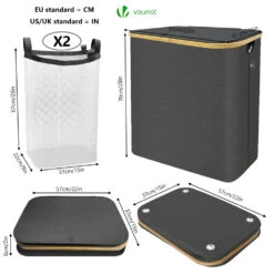 Panier A Linge Pliable 145L Avec Sac Intérieur Cadre Bambou Et Couvercle Gris(Panier A Linge Pliable 145l Avec Sac Interieur Cadre Bambou Et Couvercle Gris) -Boutique Vounot 5 39dfa70f ef15 49ce aeae 8707bff2509e