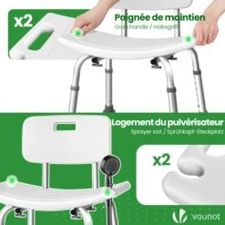 Chaise De Douche Avec Dossier Ergonomique A Hauteur Reglable En Aluminum HDPE Blanc(Chaise De Douche Avec Dossier Ergonomique A Hauteur Reglable En Aluminum Hdpe Blanc) -Boutique Vounot 6 6b463421 08cc 4b71 97c6 2f45083024a5