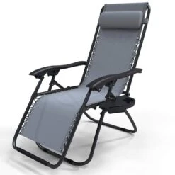 Chaise Longue Inclinable En Textilene Avec Porte Gobelet Et Portable Gris(Chaise Longue Inclinable En Textilene Avec Porte Gobelet Et Portable Gris)