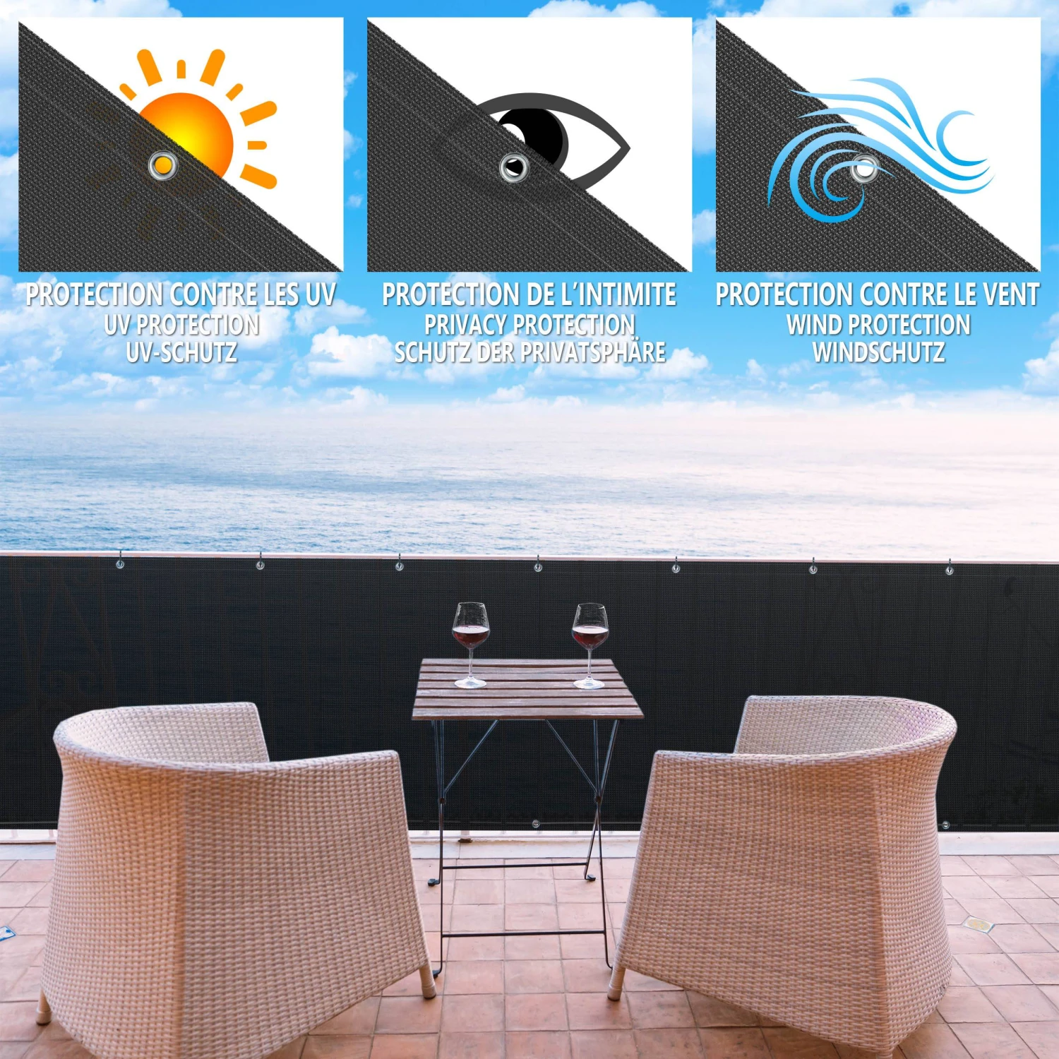 Brise Vue Pour Balcon HDPE Renforcé 230GR/M2 600x90cm Noir(Brise Vue Pour Balcon Hdpe Renforce 230gr M2 600x90cm Noir) 2 Brise Vue Pour Balcon HDPE Renforcé 230GR/M2 600x90cm Noir(Brise Vue Pour Balcon Hdpe Renforce 230gr M2 600x90cm Noir) – Image 2