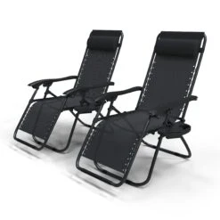 Chaise Longue Inclinable En Testilene Avec Porte Gobelet Et Portable Noir Lot De 2(Chaise Longue Inclinable En Testilene Avec Porte Gobelet Et Portable Noir Lot De 2)