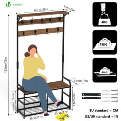 Porte Manteau Avec Banc Et Etageres Meuble Entrée 185x85x33cm(Porte Manteau Avec Banc Et Etageres Meuble Entree 185x85x33cm) -Boutique Vounot portemanteau 4